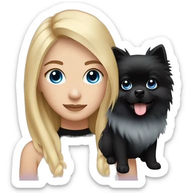 A blonde girl with blond strands around her face and blue eyes with a black pomeranian sticker