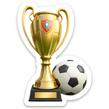 A football resting on the green grass of a soccer field, with goalposts and field markings in the background. In the foreground, the UEFA World Cup trophy gleams, symbolizing the pinnacle of football achievement, adding an element of prestige and competition to the scene. sticker
