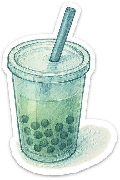 hand-drawn volumetric bubble tea cup with a straw, blue and green colors, three-quarter angle view, sketchy illustrated style, expressive shadows and highlights for 3D look sticker