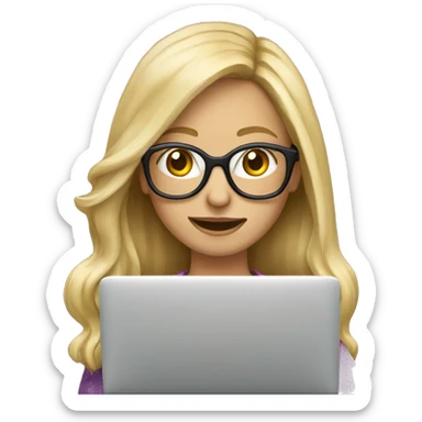 Long blonde hair girl with glasses behind laptop sticker