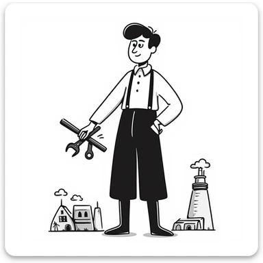 Victorian era English worker with tools, suspenders, boots, and rugged appearance from industrial revolution sticker