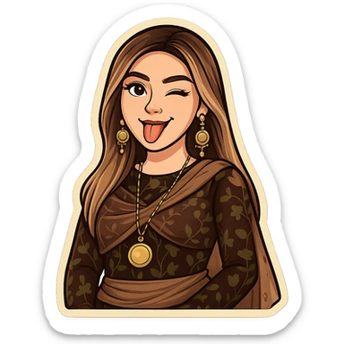 Kurdish cartoon sticker of the same woman in the new dress, making a mocking or teasing face, tongue out or winking, playful, no text, transparent background sticker