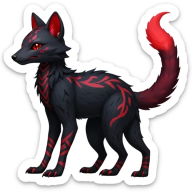 Feral Rare Fantasy   dark obsidian-black fur with crimson glowing runic markings Vernid-Sergal-Genet-Trico-species by LiLaiRa, random markings, tufted tail, tufted ears, full body sticker