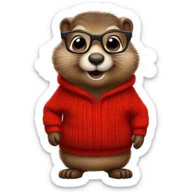 cute groundhog in a fully red sweater and glasses full body shown sticker