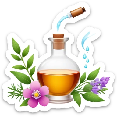 Perfume making icon, delicate glass bottle being filled with colorful essential oils from droppers, swirling mist rising from the bottle, flowers and herbs nearby, minimalistic style, clean lines, transparent background. sticker