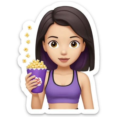 Brunette light skin girl with black sports bra and grey sweatpants on her phone while eating popcorn from a purple popcorn bag sticker