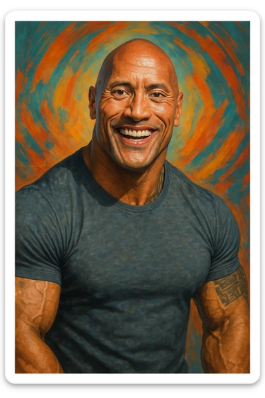 Dwayne 'The Rock' Johnson, muscular, bald, charismatic smile, wearing a tight t-shirt, fun and recognizable style sticker