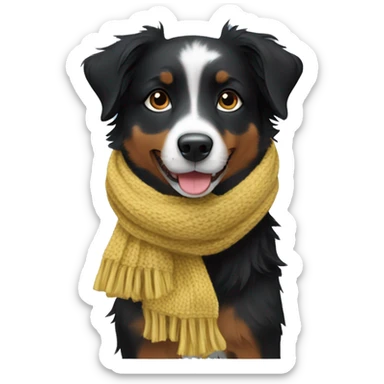 Small black australian shepherd dog wearing a knit scarf sticker