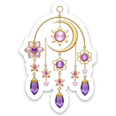 Epic Hanging gold suncatcher, threads with shiny sparkly amethyst and rose-quartz gemstones, flowers, moons, stars, leaves, petals sticker