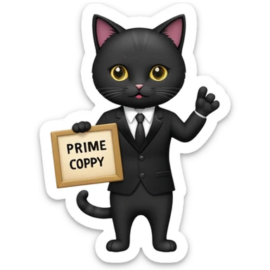 Cat in a black suit holding a sign with the inscription “PrimeCopy” sticker