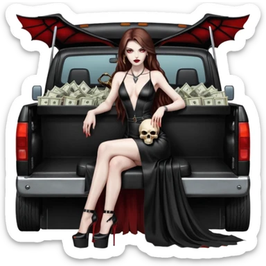 Lilith red eye seductress evil long brown haired sexy succubus woman with leather long dress with slit on, sitting in Big Large F350 pickup truck. Wearing super tall black platform high heels, Back seat full of stacks of cash, she is  Holding a human skull of her enemies and a gun in other hand sticker