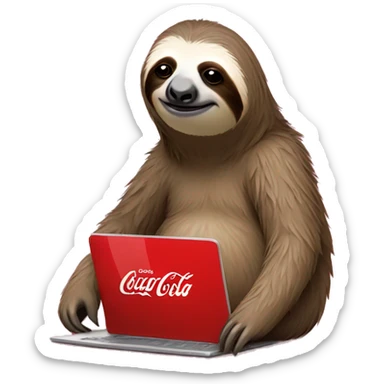 tired sloth with coca cola can and laptop sticker