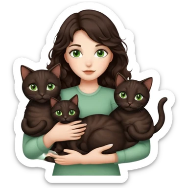Beautiful girl with dark brown wavy hair and green eyes holding black and brown cats in arms sticker