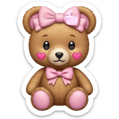The og emoji teddy bear with some pink blush and a cute pink coquette bow in the ear sticker