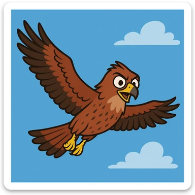 cartoon-style milan bird of prey gliding in the sky, wings outstretched, expressive face, simple blue background sticker