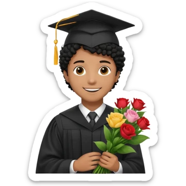 Graduated Students, Male,  brown skin, black curly hair, wearing graduation cap, holding bouquet of flowers
 sticker