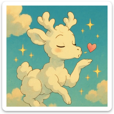 whimsical vanilla cloud doe in Ghibli style blowing a kiss, surrounded by sparkles sticker