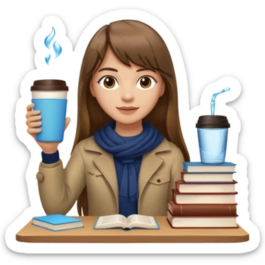 a designer with light skin long brown hair bangs waving, stack of books, coffee cup on top, water bottle  sticker
