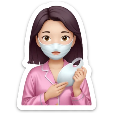 angelic asian girl doing skin care in pink pajamas, holding a face mask sticker