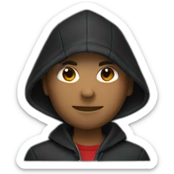 a dark hood with an black jacket and red shirt sticker