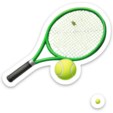 A tennis racket and ball positioned on a grass court, with the net and lines clearly visible in the background. The scene emphasizes the classic elements of the sport, capturing the energy and precision of a tennis match. sticker