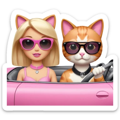 Barbie and Ken as cats sitting in a pink convertible car sticker