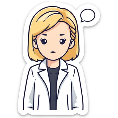 A blonde kinesiologist woman with a thinking face, wearing a white coat, considering therapy options sticker