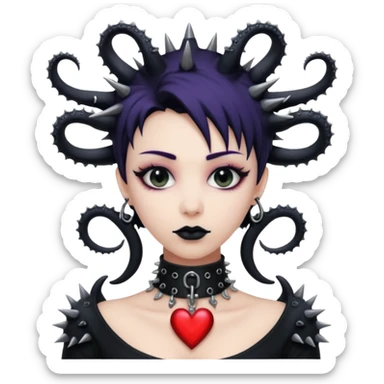 goth lady with tentacles, wearing a spiked choker, tentacles forming a heart shape sticker