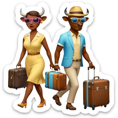 generate an emoji of a group of up to 8 male and female bulls travelling together on holidays. One bull has a suitcase, one has sunglasses, one is carrying a cocktail. They're all in motion, walking together. Make the characters look like bulls. They wear summer clothes. Suitcases are colourful sticker