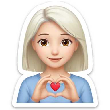 Beautiful girl. Platinum-colored hair just below the shoulders, straight, brown eyes, sweet smile. Hands in the shape of a heart.  sticker