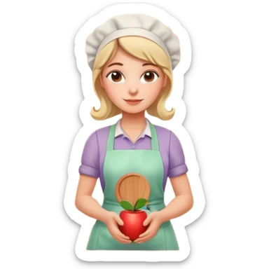 cartoon Apple iOS emoji style woman, pastel colors, Chilean wooden kitchen background, clay pots, warm light, detailed and clean vector art sticker