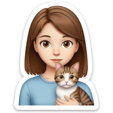 a girl cute brown hair and brown eyes and white skin with a cat Tabby medium sticker