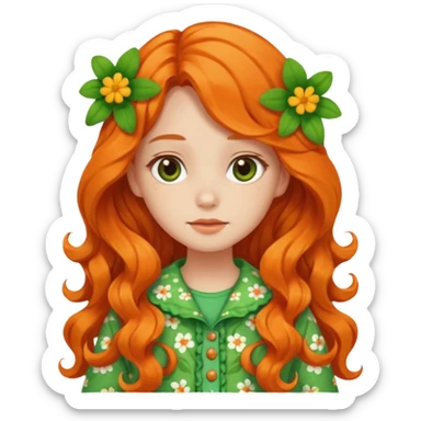 orange wavy long hair girl with wearing green cottage core flowery clothes sticker