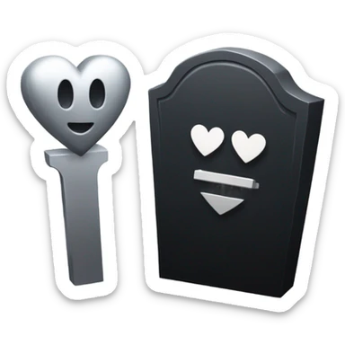 a black tombstone in silver RIP and a silver heart sticker