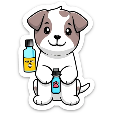 cute puppy with medicine bottle and get well soon message sticker