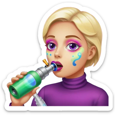 Emoji-style face inhaling from Galaxy Gas nitrous oxide canister, mouth on nozzle, kaleidoscope psychedelic eyes, colorful vapor swirling sticker