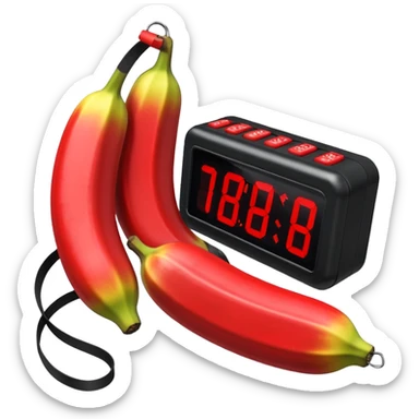 um explosivo improvisado composto por sete bananas de dinamite vermelhas presas por fita preta. O dispositivo inclui um temporizador digital de LED vermelho e uma placa de circuito com fios coloridos e um botão de ativação. Tudo está isolado sobre um fundo branco. sticker