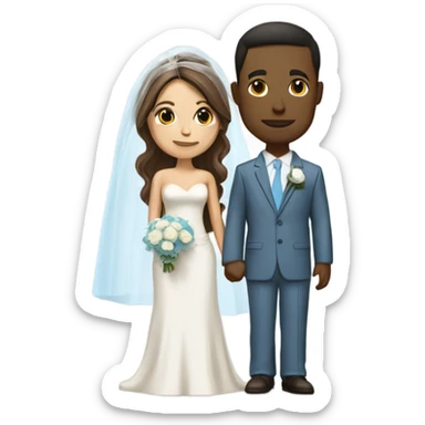 grown bride have short brown, she is wearing a long veil and is holding a white rose bouquet. The grown groom have also brown hair and is wearing a cream suit with a sky blue tie and breast pocket with a boutonniere sticker
