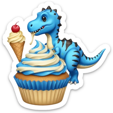 A cupcake having blue and black icing and a dinosaur as a decoration and ice cream next to it sticker