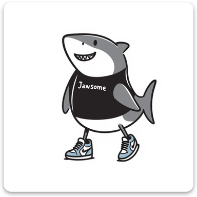 shark with legs wearing light blue Nike sneakers, black line doodle style, white background sticker