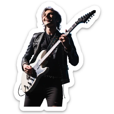 Rockstar musician with a confident smile looking up, electric guitar, stage lights, performing sticker