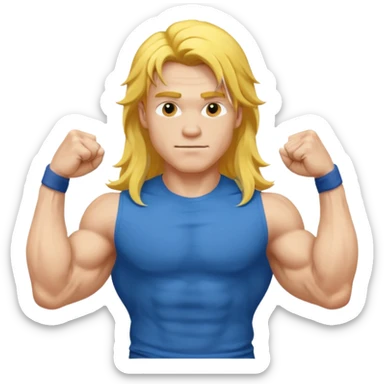 young guy with biceps fkexing, long yellow hair, blue t-shirt sticker