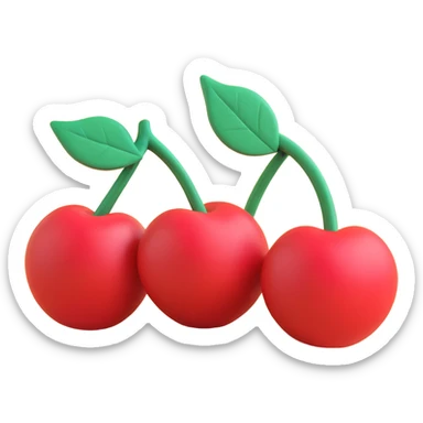 Two cherries with a leaf on a white background in iOS 3D style: soft shapes, smooth shadows, plasticine 3D effect, bright colors. sticker