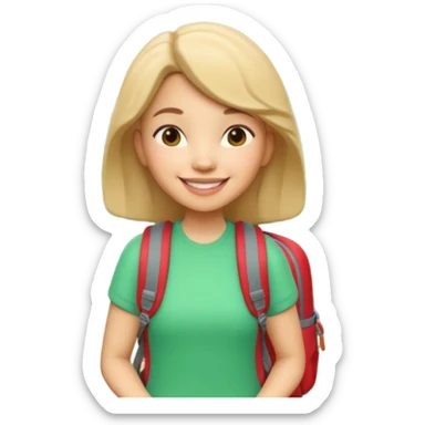 A 3D cartoon woman with a backpack smiling outdoors, surrounded by greenery, Memoji-style realism. sticker