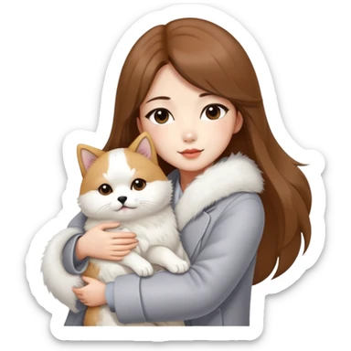 A Chinese fashion girl with brown hair, wearing a light gray fur coat, hugging a Shiba Inu and a long-haired white Persian cat. sticker