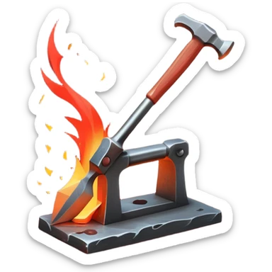 Blacksmithing icon, forged metal piece being shaped with hammer and anvil, glowing red-hot metal, blacksmith tools like tongs and chisel, sparks flying, minimalistic style, clean lines sticker