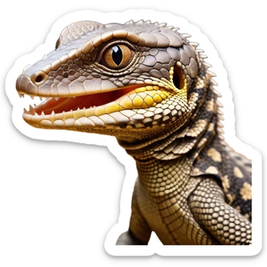 Cinematic Comical brown camo spotted monitor Lizard Portrait Emoji, Head tilted dramatically with an exaggeratedly shocked expression, featuring a robust, patterned body with wide, comically expressive eyes full of humorous disbelief, Simplified yet hilariously expressive features, highly detailed, glowing with a slightly sassy glow, high shine, dramatic yet playful, stylized with an air of quirky reptilian attitude, soft glowing outline, capturing the essence of a meme-worthy brown camo spotted monitor lizard that looks ready to side-eye its way into viral fame! sticker