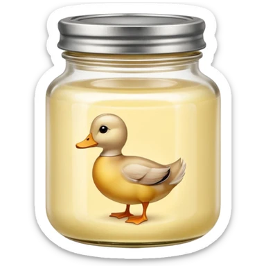 small squat glass jar of pale yellow duck fat with a metal lid, creamy layer visible, no label or extras, soft lighting, subtle shadows, emoji scale sticker