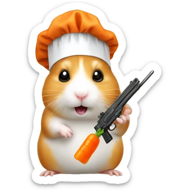 hamster with a gun in one hand a carrot in the other and a chef hat sticker