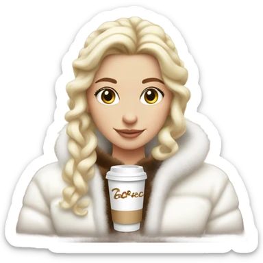 blonde girl wearing white fluffy jacket and a coffee to go in hand all dress white and a white bow on hair sticker
